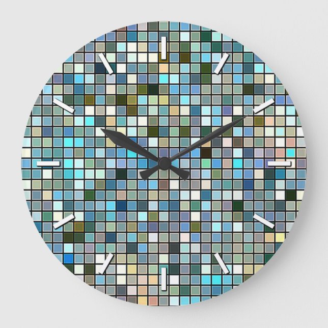 Earthy Blue Square Tiles Pattern Große Wanduhr (Vorderseite)