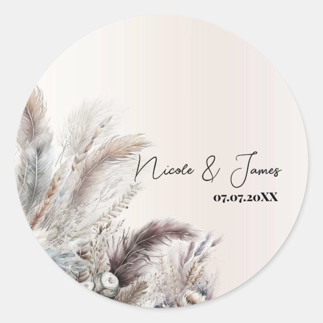 Earthy Bohemisch Floral Feathers Wedding Runder Aufkleber (Vorderseite)