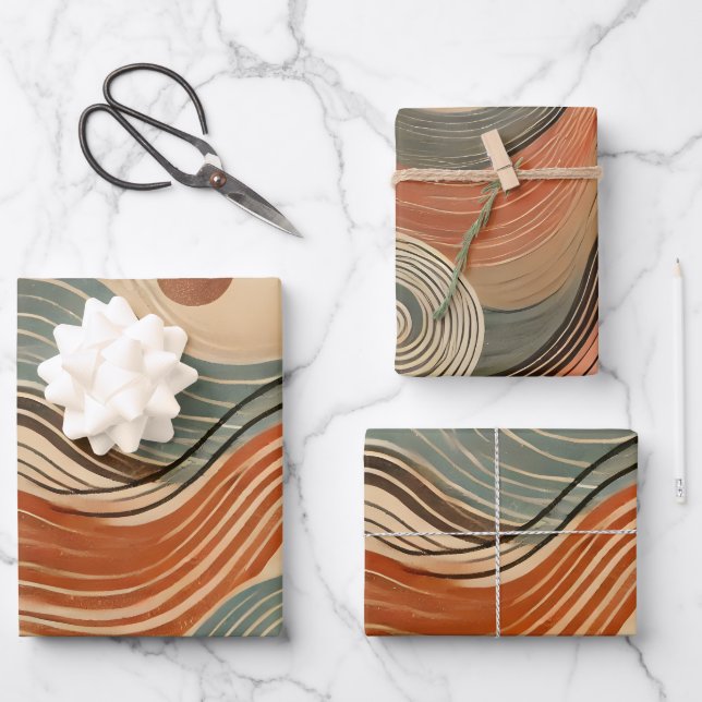 Earthy Boho Abstrakt Wavy Swirl Lines Geschenkpapier Set (Vorderseite)