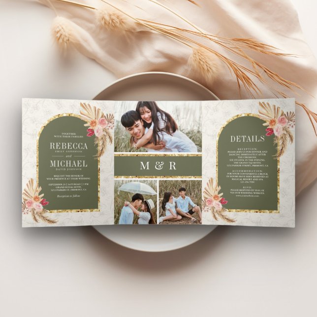 Earthy Boho Floral Pampas Sage Green Wedding Dreifach Gefaltete Einladung (Von Creator hochgeladen)