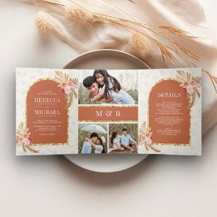 Earthy Boho Floral Pampas Terracotta Wedding Dreifach Gefaltete Einladung