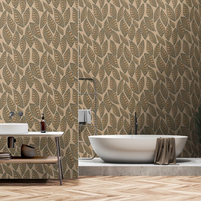 Earthy Boho Leaf Pattern Wallpaper Tapete (Badezimmer)