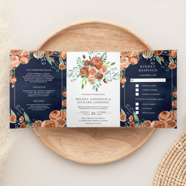 Earthy Burnt Orange Floral Navy Blue Wedding Dreifach Gefaltete Einladung (Von Creator hochgeladen)