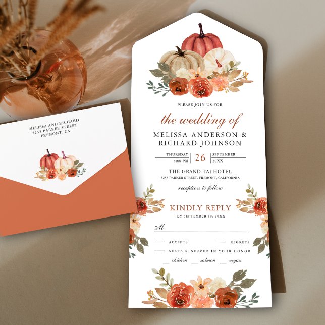 Earthy Burnt Orange Floral Pumpkin Wedding All In One Einladung (Von Creator hochgeladen)