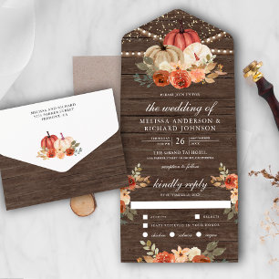 Earthy Burnt Orange Floral Pumpkin Wood Wedding All In One Einladung