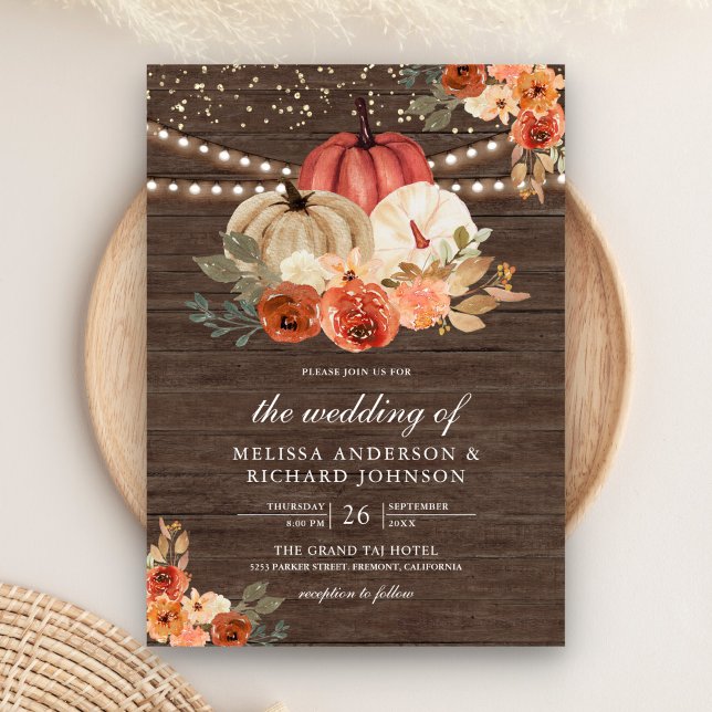 Earthy Burnt Orange Floral Pumpkin Wood Wedding Einladung (Von Creator hochgeladen)