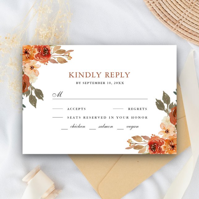Earthy Burnt Orange Floral Terracotta Wedding RSVP Karte (Von Creator hochgeladen)