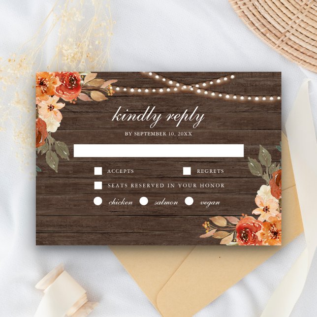 Earthy Burnt Orange Floral Wood Terracotta Wedding RSVP Karte (Von Creator hochgeladen)