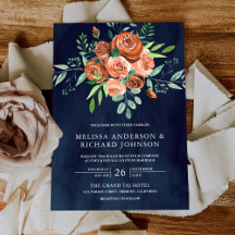 Earthy Burnt Orange Rose Floral Navy Blue Wedding