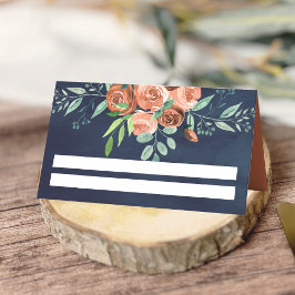 Earthy Burnt Orange Rose Floral Navy Blue Wedding Platzkarte