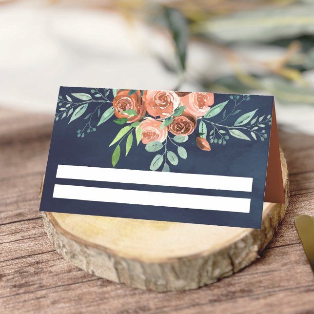 Earthy Burnt Orange Rose Floral Navy Blue Wedding Platzkarte (Von Creator hochgeladen)