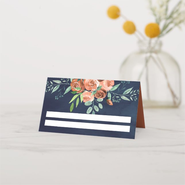 Earthy Burnt Orange Rose Floral Navy Blue Wedding Platzkarte (Vorderseite)