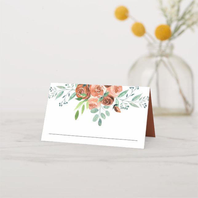 Earthy Burnt Orange Rose Floral Wedding Platzkarte (Vorderseite)
