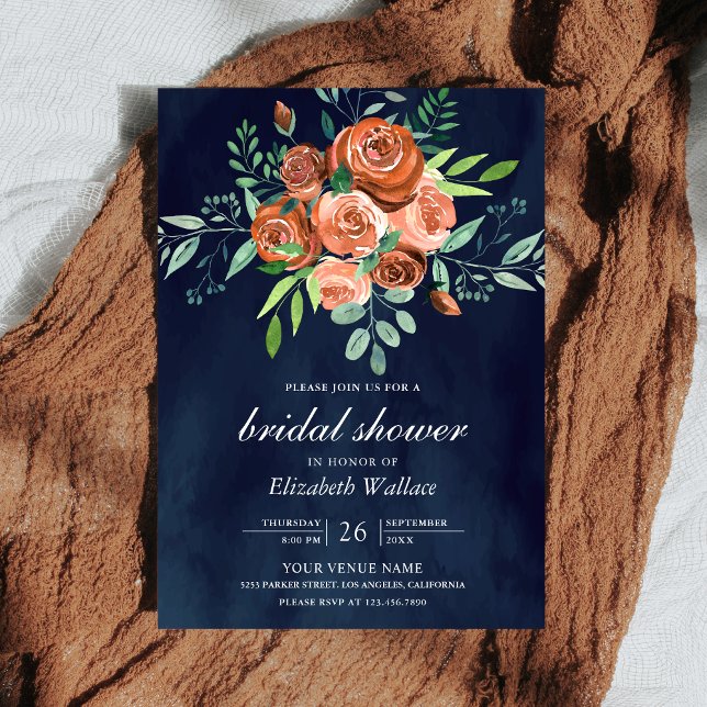 Earthy Burnt Orange Rose Navy Blue Brautparty Einladung (Von Creator hochgeladen)