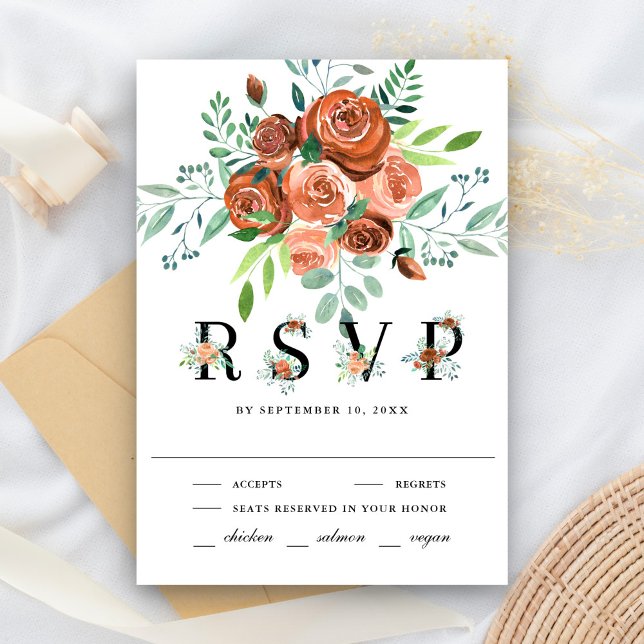 Earthy Burnt Orange Rose Terracotta Floral Wedding RSVP Karte (Von Creator hochgeladen)