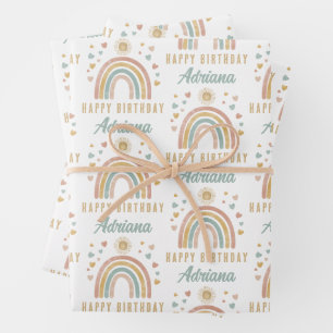 Earthy Colors Watercolor Rainbow Sun Geburtsname Geschenkpapier Set
