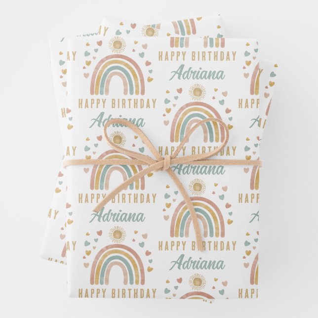 Earthy Colors Watercolor Rainbow Sun Geburtsname Geschenkpapier Set (Beispiel)
