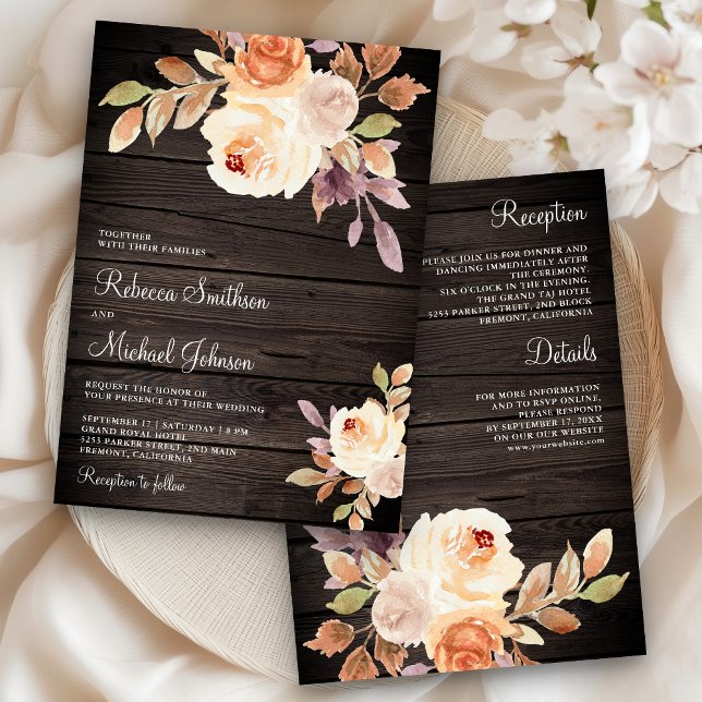 Earthy Dusty Peach floral All in one Wood Wedding Einladung (Von Creator hochgeladen)