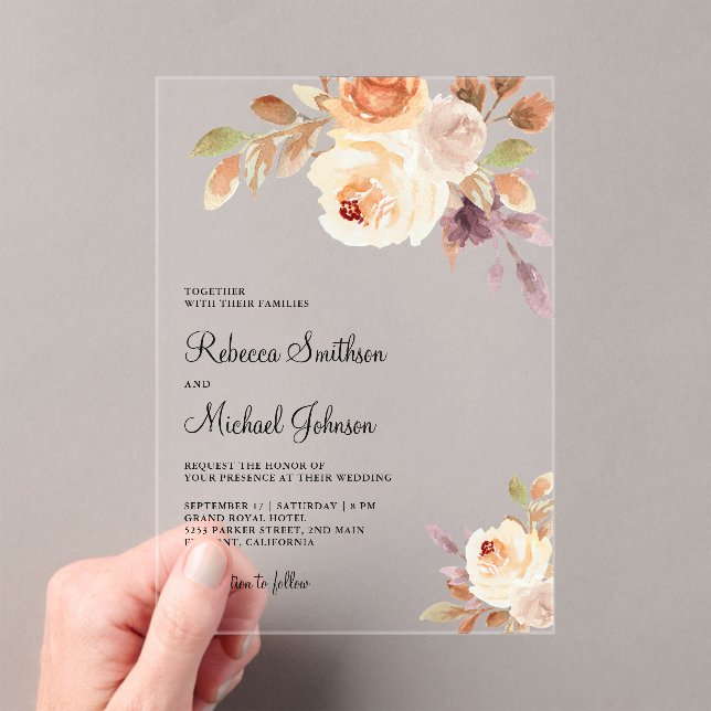Earthy Dusty Peach Floral Wedding Acryleinladungen (Insitu (Handheld))