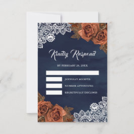 Earthy Dusty Terracotta Rose Navy Blue Wedding RSVP Karte