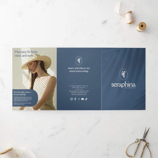 Earthy Elegance Logo Beauty, Spa Blue Brochure Dreifach Gefaltete Karte (Außenbereich)