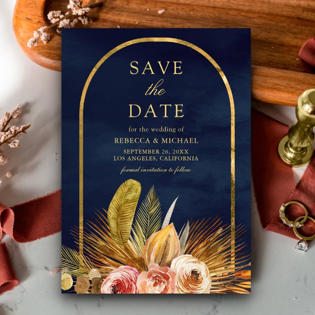 Earthy Floral Arch Gold Navy Blue Wedding Save The Date (Von Creator hochgeladen)