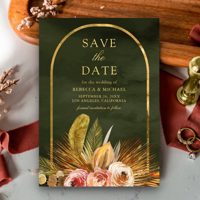 Earthy Floral Arch Gold Sage Green Wedding Save The Date (Von Creator hochgeladen)
