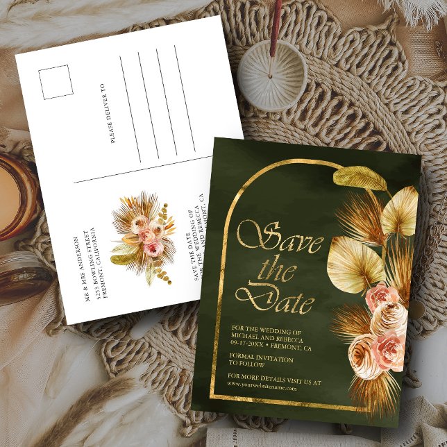 Earthy Floral Arm Palm Sage Green Save the Date Postkarte (Von Creator hochgeladen)