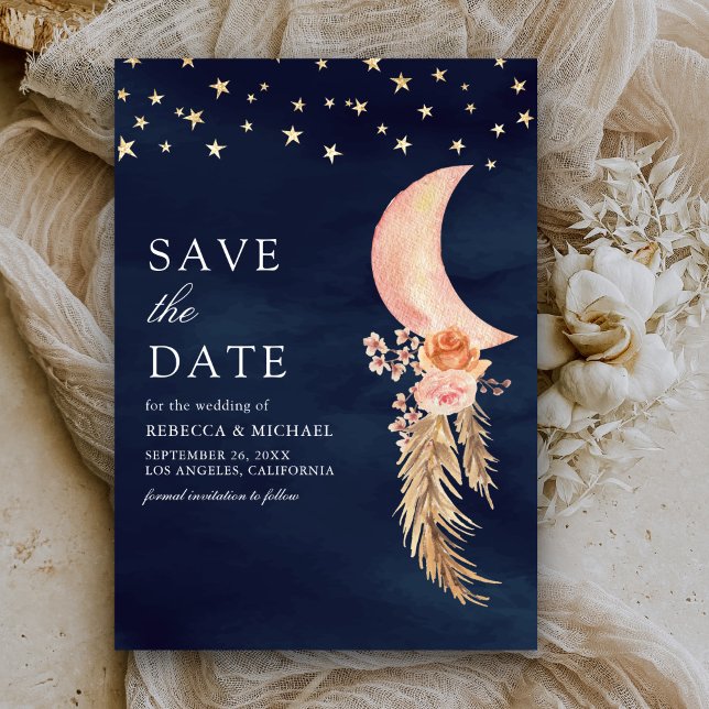 Earthy Floral Crescent Moon Navy Blue Wedding Save The Date (Von Creator hochgeladen)