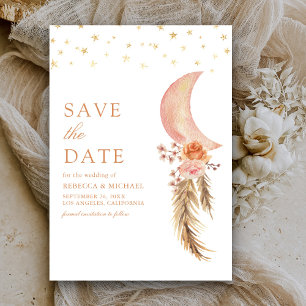 Earthy Floral Pampas Crescent Moon Wedding Save The Date