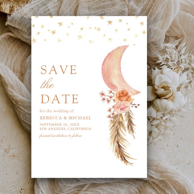 Earthy Floral Pampas Crescent Moon Wedding Save The Date (Von Creator hochgeladen)