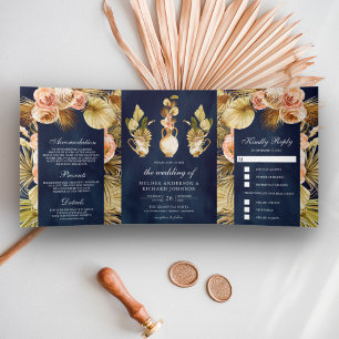 Earthy Floral Pots Drilling Palm Navy Blue Wedding Dreifach Gefaltete Einladung