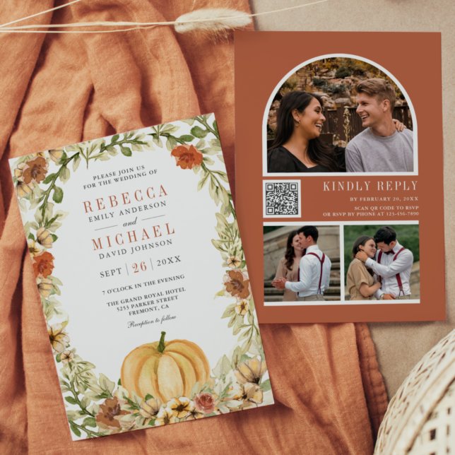 Earthy Floral Pumpkin Terracotta QR Code Wedding Einladung (Von Creator hochgeladen)