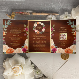 Earthy Floral Wreath QR Code Terracotta Wedding Dreifach Gefaltete Einladung