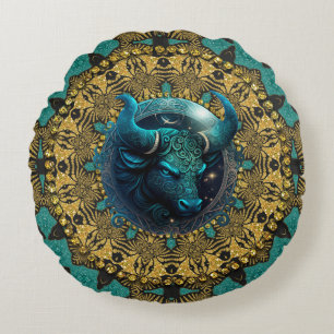 Earthy Gold Aquamarin Tribal Taurus Zodiac Rundes Kissen