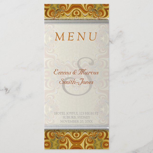 Earthy Gold Retro Bohemisch Vintage Wedding Menu Menükarte (Vorderseite)