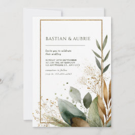 Earthy Green & Gold Minimalistisch Leaf Wedding Einladung