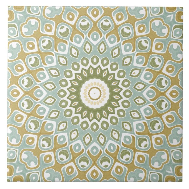 Earthy Mandala in Green, Gold und Soft Blue Fliese (Vorderseite)