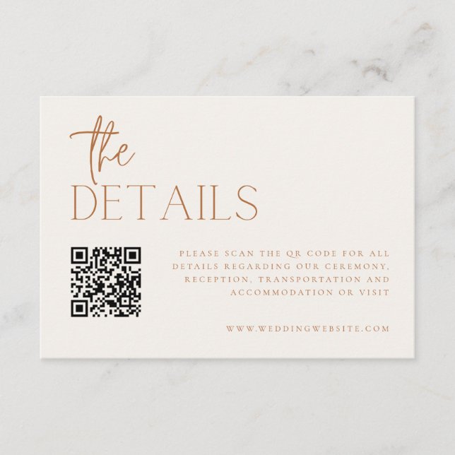 Earthy Minimal Wedding Details QR Code Begleitkarte (Vorderseite)