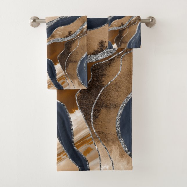 Earthy Navy Blauer Marmor Agate Silver Glitzer 1 Badhandtuch Set (Insitu)