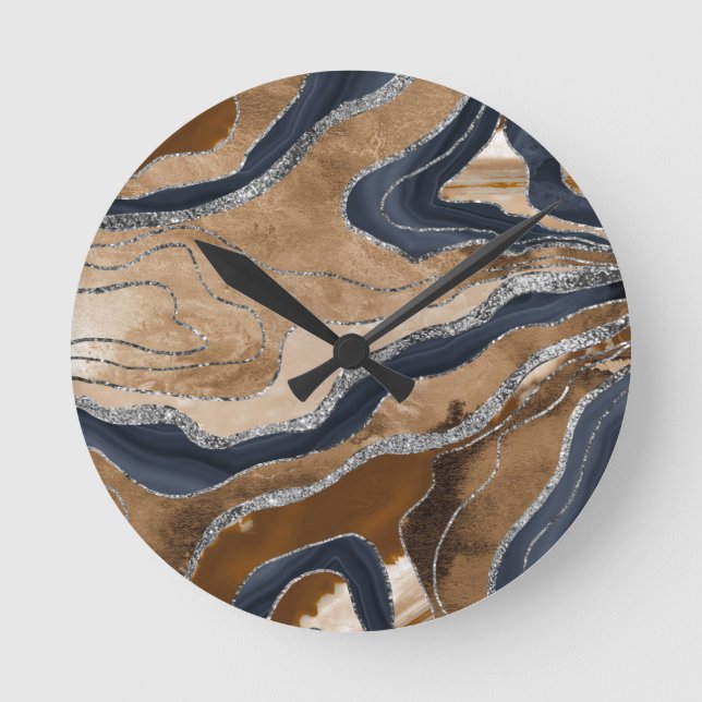 Earthy Navy Blauer Marmor Agate Silver Glitzer 1 Runde Wanduhr (Vorderseite)