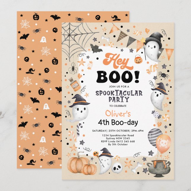 Earthy Orange Black Halloween Ghost Boy Birthday Einladung (Vorne/Hinten)