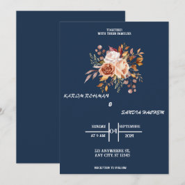 Earthy Orange Rose Bloral Navy Blue Wedding Einladung