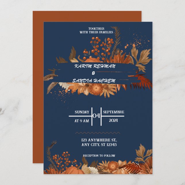 Earthy Orange Rose Bloral Navy Blue Wedding Einladung (Vorne/Hinten)