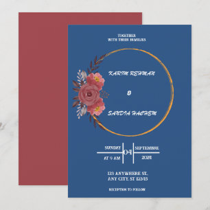 Earthy Orange Rose Floral Navy Blue Wedding Invi Einladung
