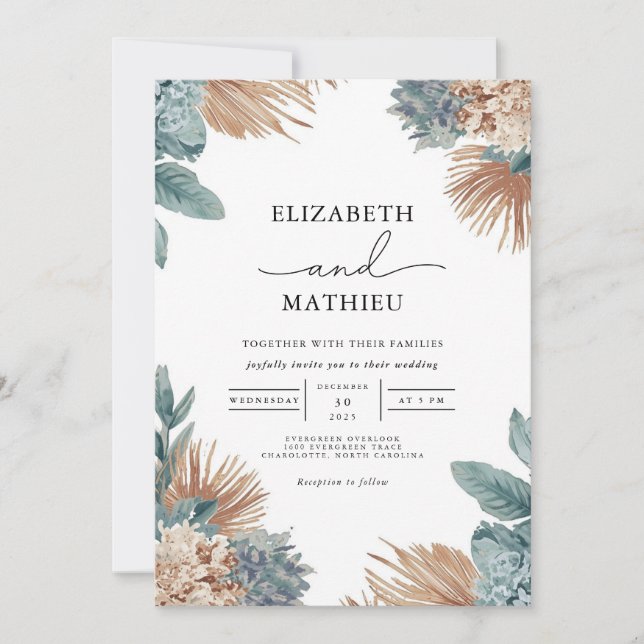 Earthy Pampas Floral Botanical Wedding Einladung (Vorderseite)