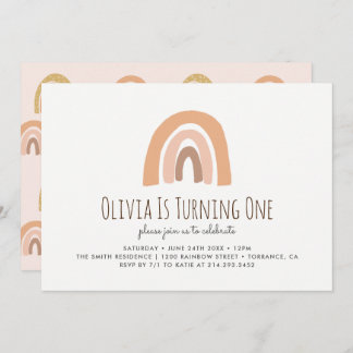 Earthy Pastel Rainbow 1. Geburtstag Einladung