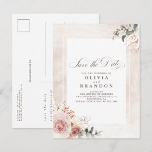 Earthy Pink Floral Elegant Save the Date Ankündigungspostkarte