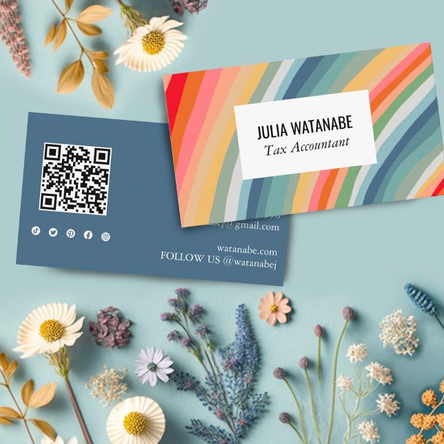 Earthy Rainbow Stripes QR Code Social Media Chic Visitenkarte (Customize this business card with your QR code and social media icons. Add your own text too. )