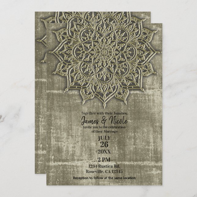 Earthy Rustic Tan Mandala Minimal Wedding Einladung (Vorne/Hinten)